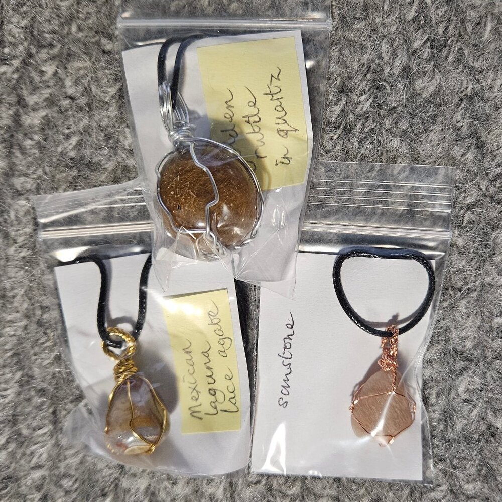 3 wire wrapped gemstone/crystal pendants, 3 different stones, 18 inch cords, new